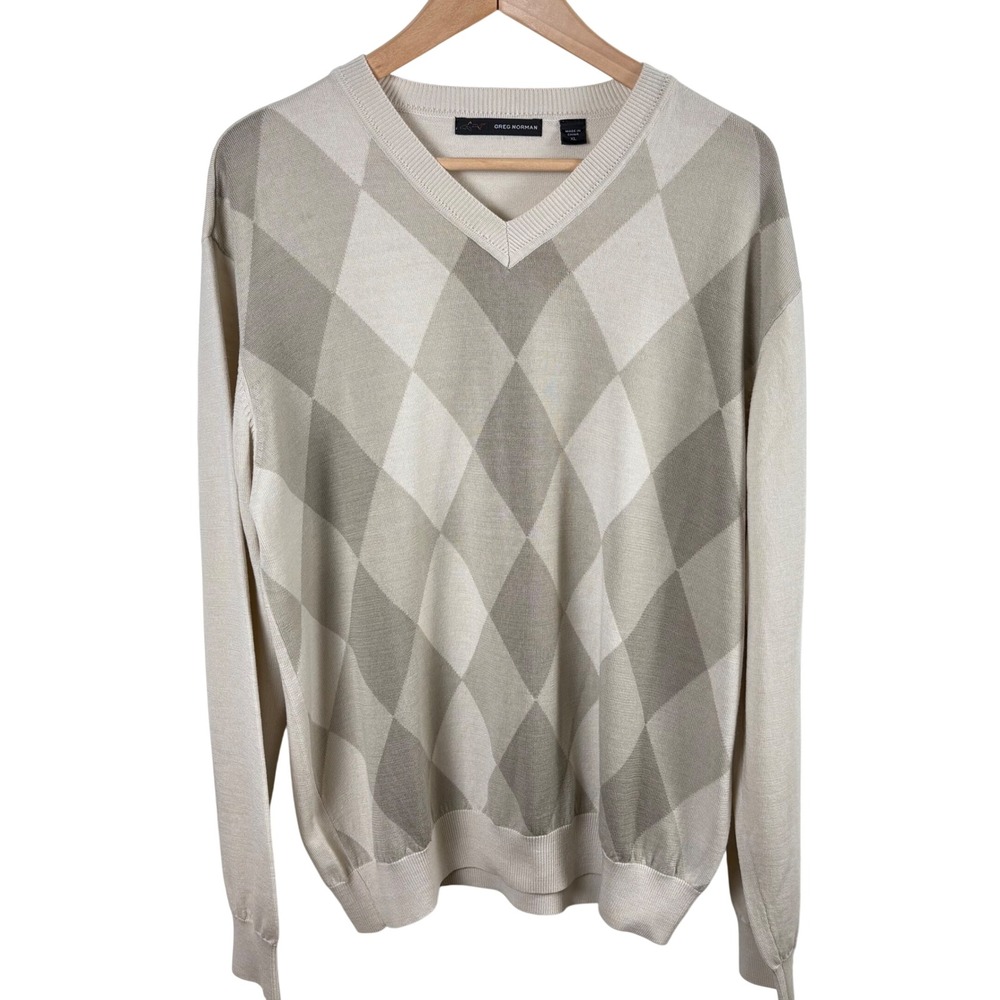 Greg Norman Argyle V-Neck Sweater Beige 100% Wool Men's XL Golf Grandpa READ‎